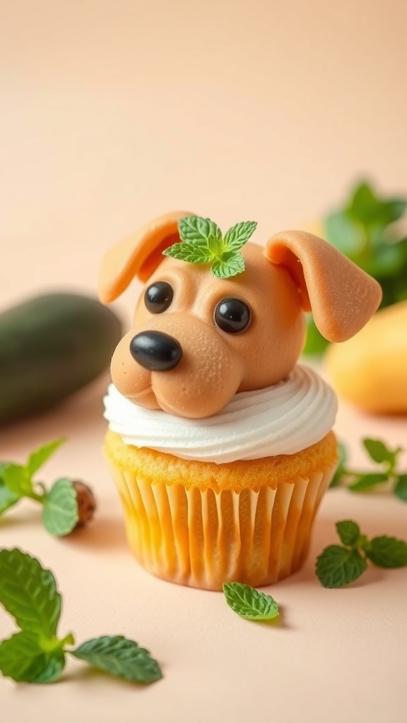 A cute cupcake designed to look like a dog, topped with mint leaves and surrounded by fresh zucchini and mint.