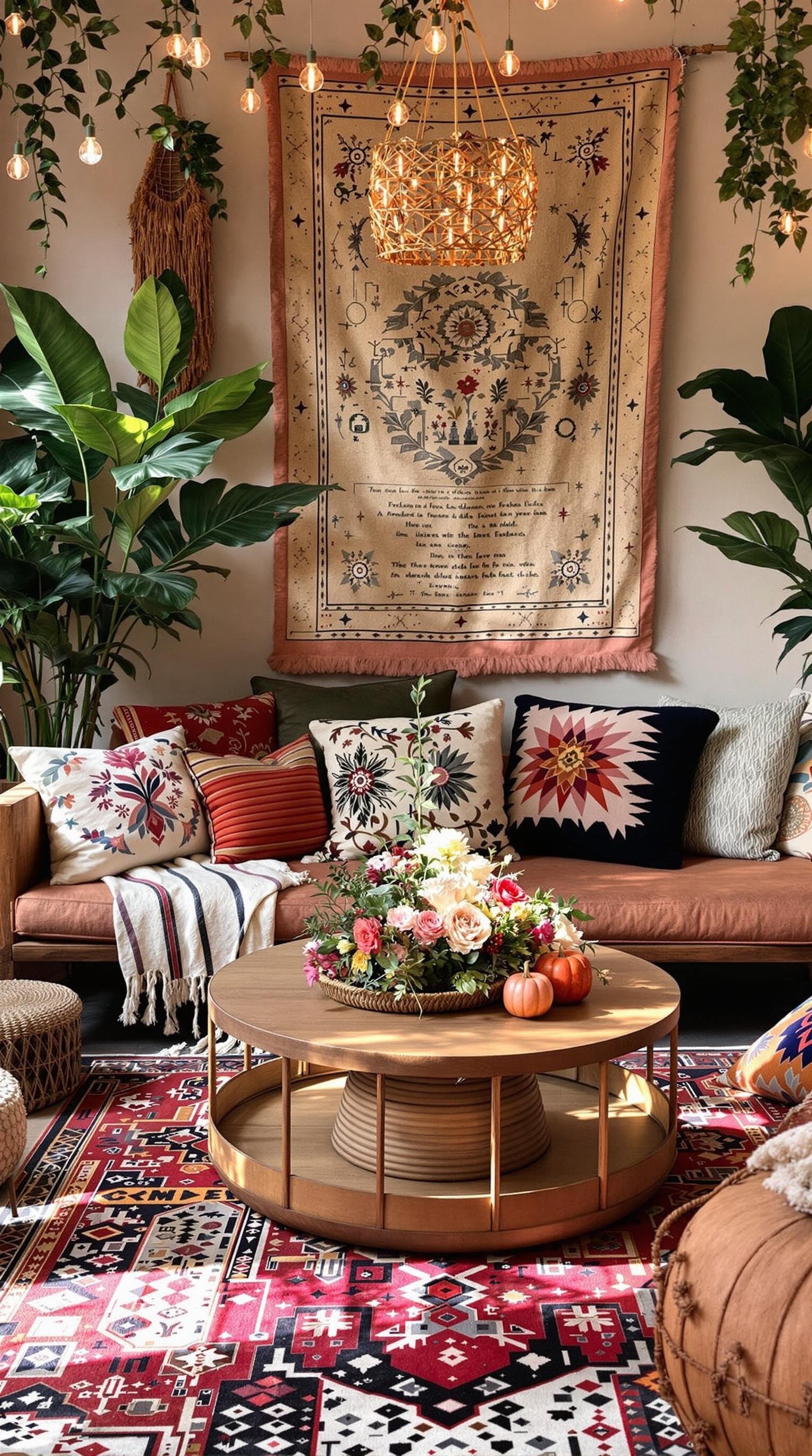 A cozy bohemian-inspired seating area featuring colorful pillows, a vibrant rug, and a floral centerpiece.