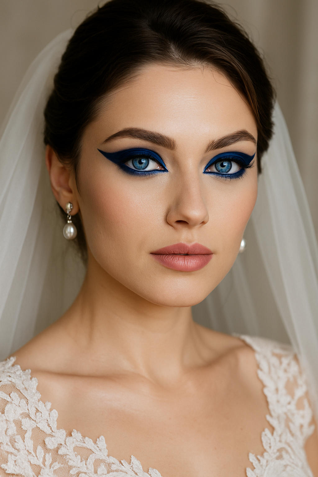 Bride with bold navy blue eye makeup and soft lip color, showcasing her blue eyes.