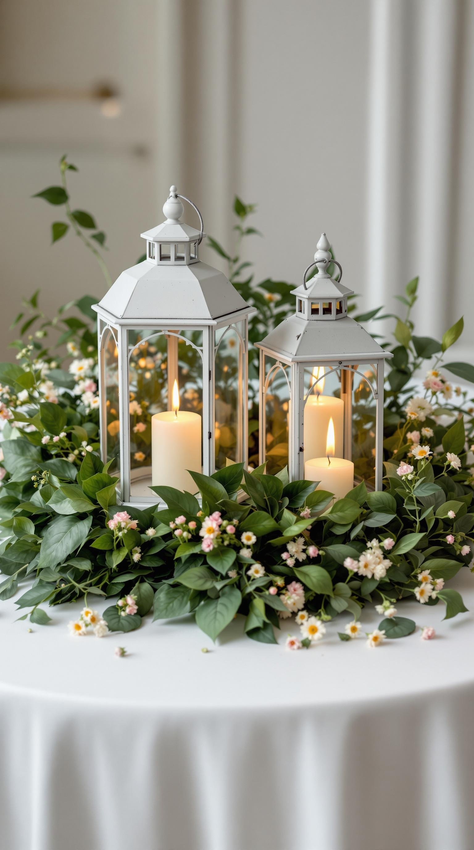 A beautiful wedding centerpiece featuring candlelit lanterns surrounded by greenery and flowers.