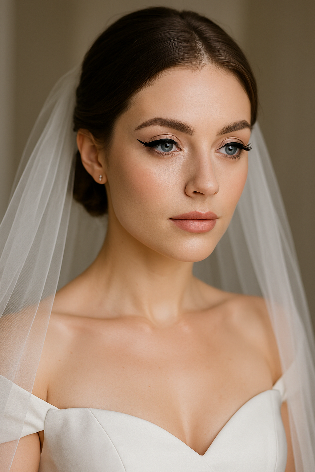 A bride with classic winged eyeliner and soft makeup, showcasing her blue eyes.