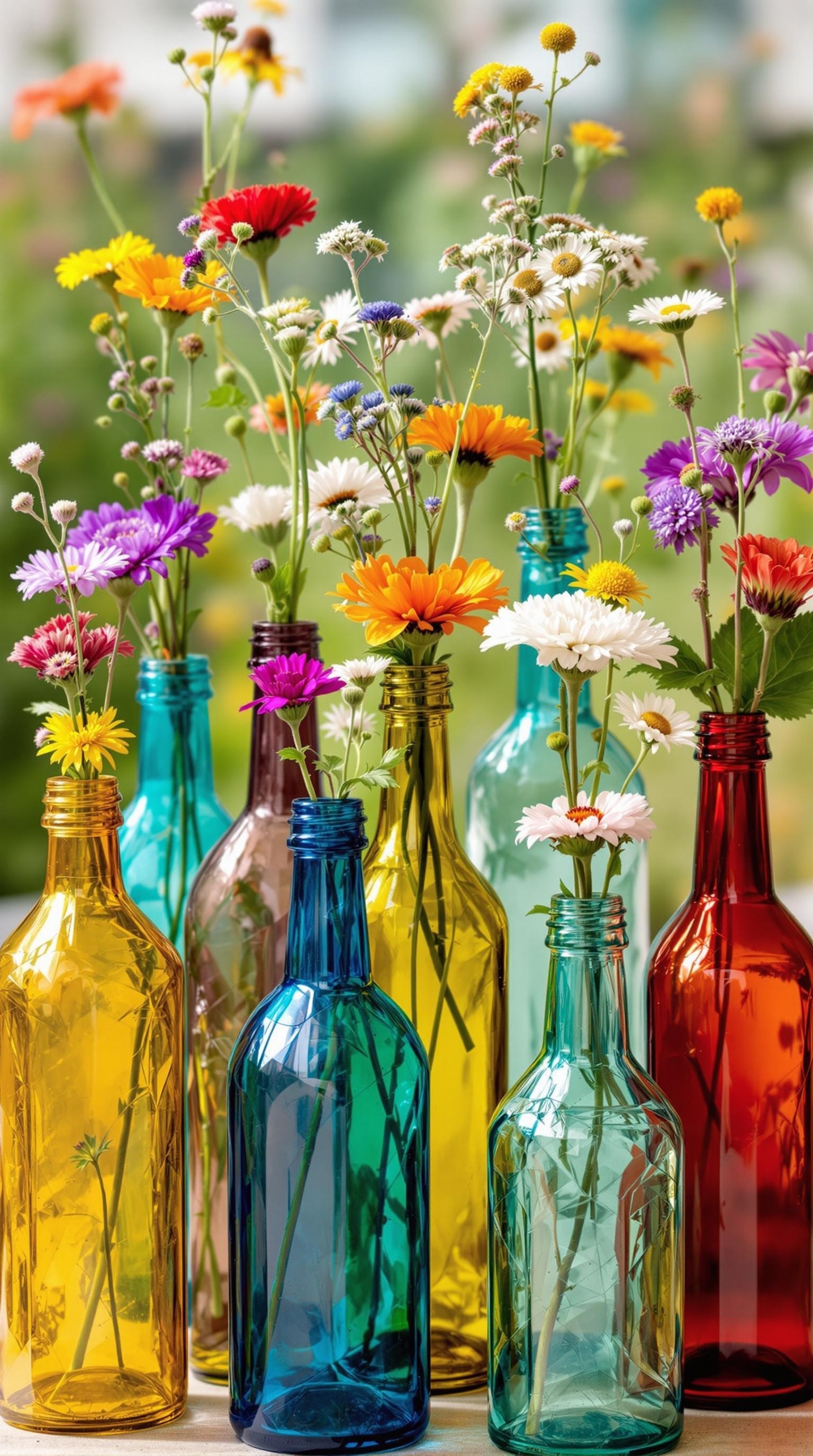 Colorful glass bottles filled with flowers, showcasing a boho chic wedding centerpiece idea.