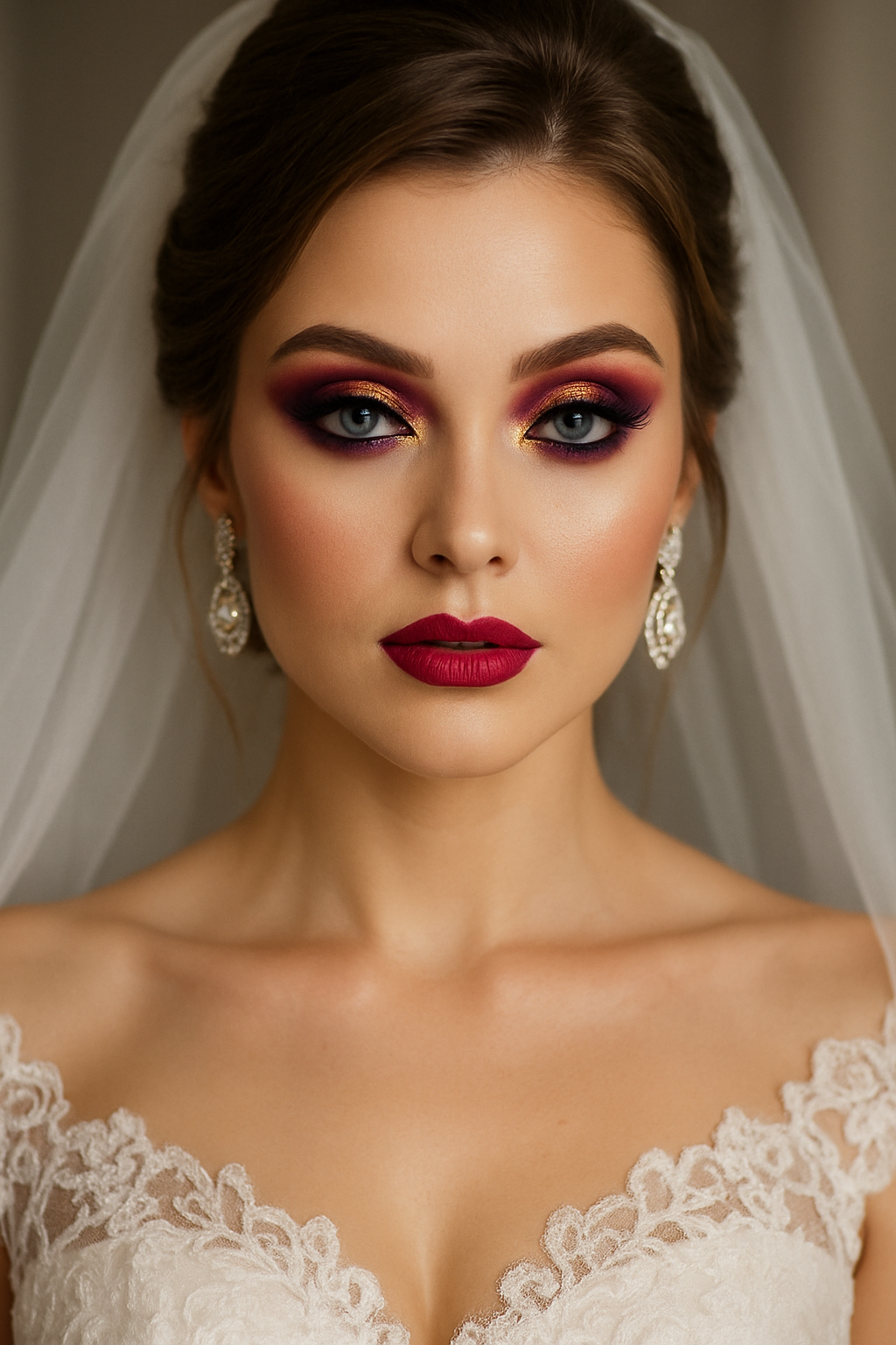 A bride with deep plum and gold makeup, showcasing her blue eyes.