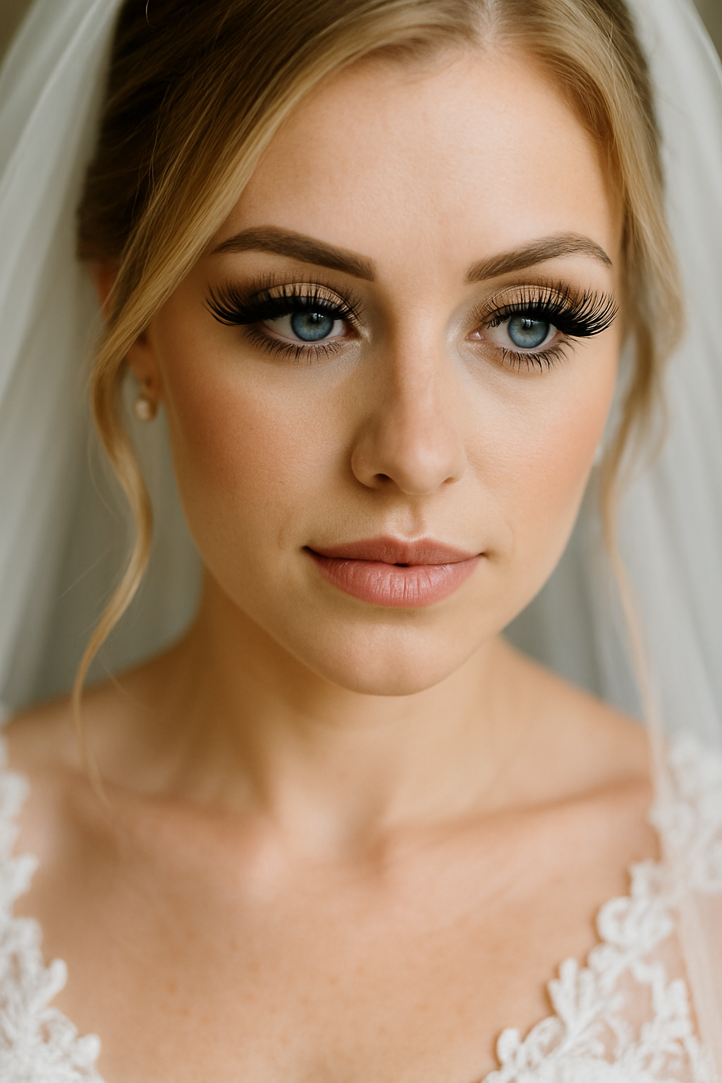 Bride with dramatic false lashes and blue eyes, showcasing wedding makeup.