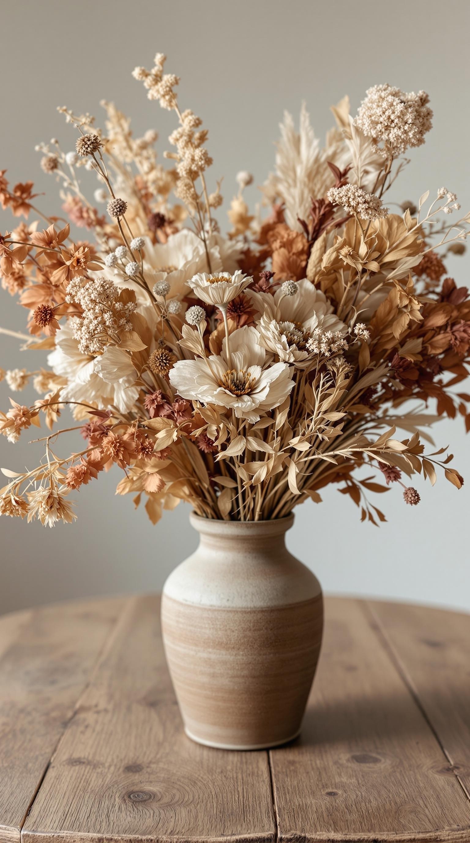 A beautiful dried flower arrangement in warm tones, showcasing various dried flowers in a simple vase on a wooden table.