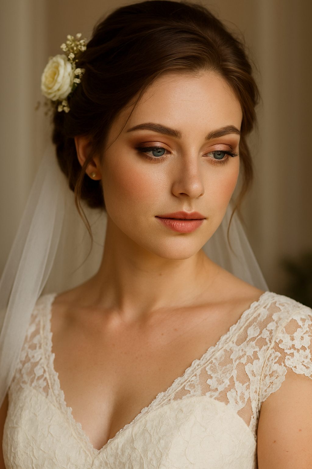 A bride with soft earthy tones in her makeup, showcasing a natural glow.
