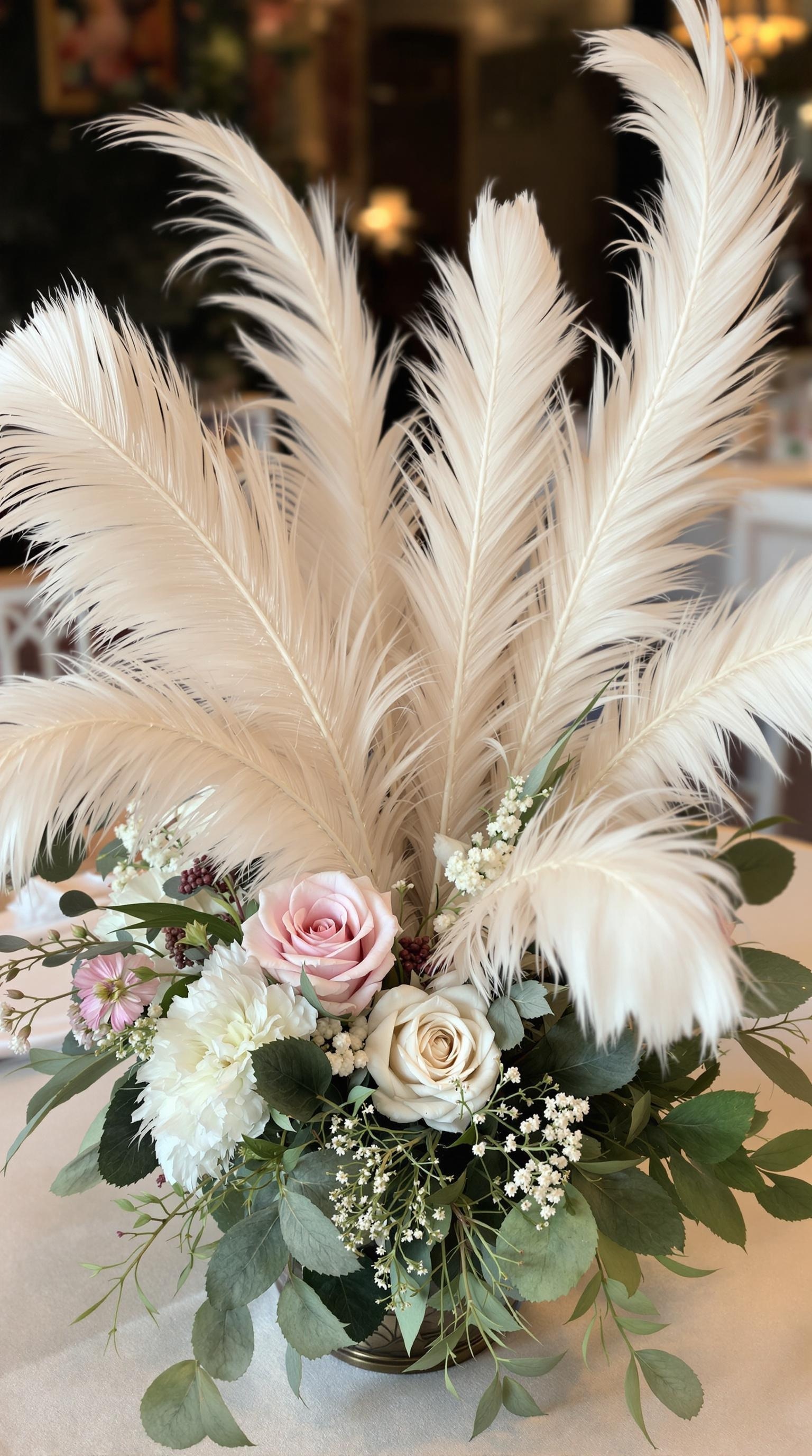 A wedding centerpiece featuring white feathers, pink and white roses, and greenery.