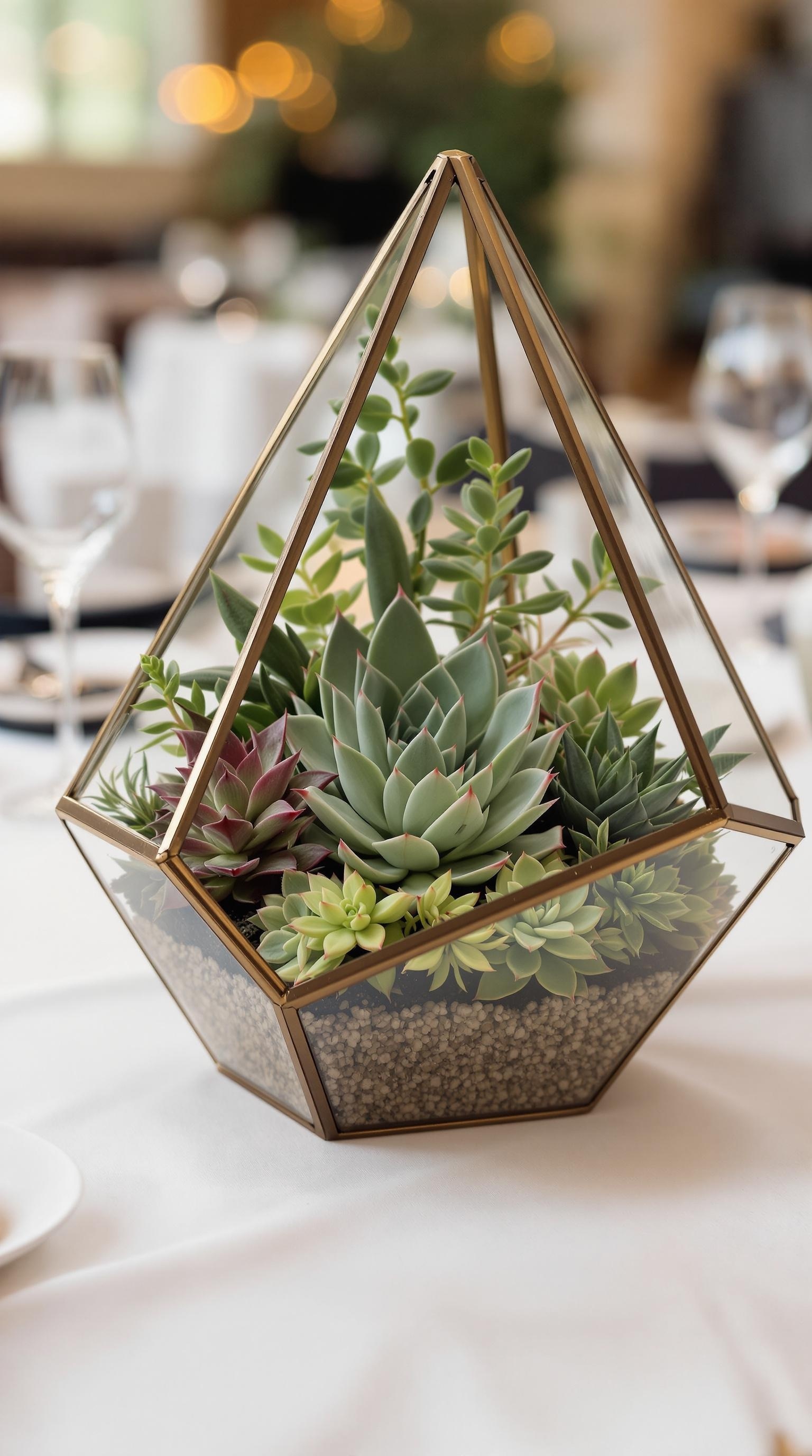 A geometric terrarium filled with succulents, set on a table with soft linens.