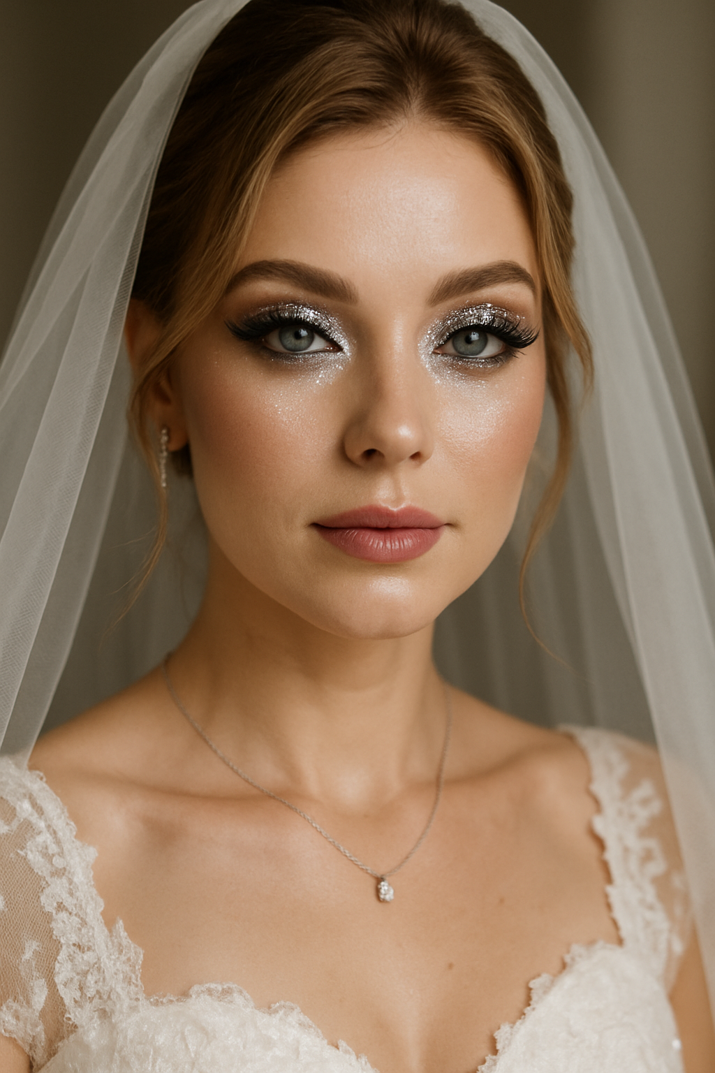 A bride with silver and white wedding makeup, showcasing glittery eyeshadow and a soft lip color.