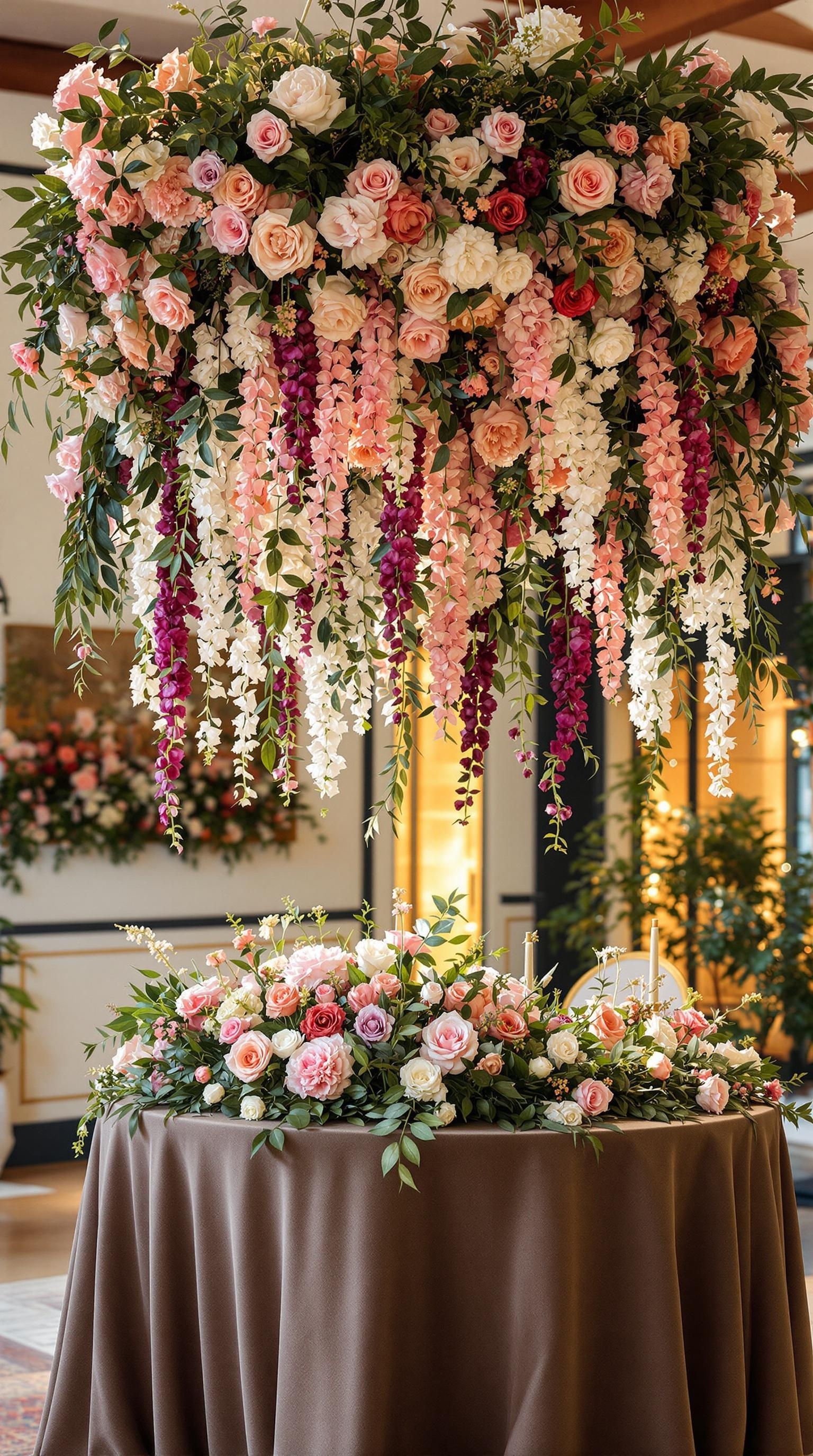 A stunning hanging floral installation featuring roses and cascading blossoms in soft colors.
