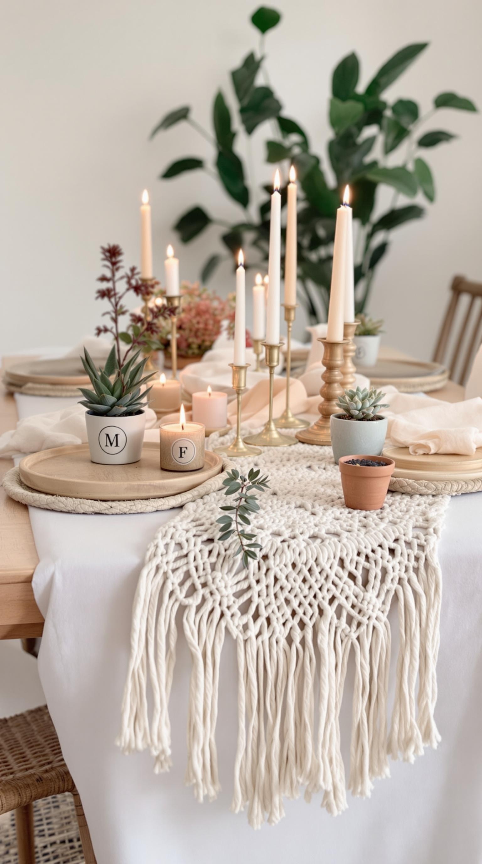 A beautifully arranged wedding table with a macrame table runner, candles, and potted plants.