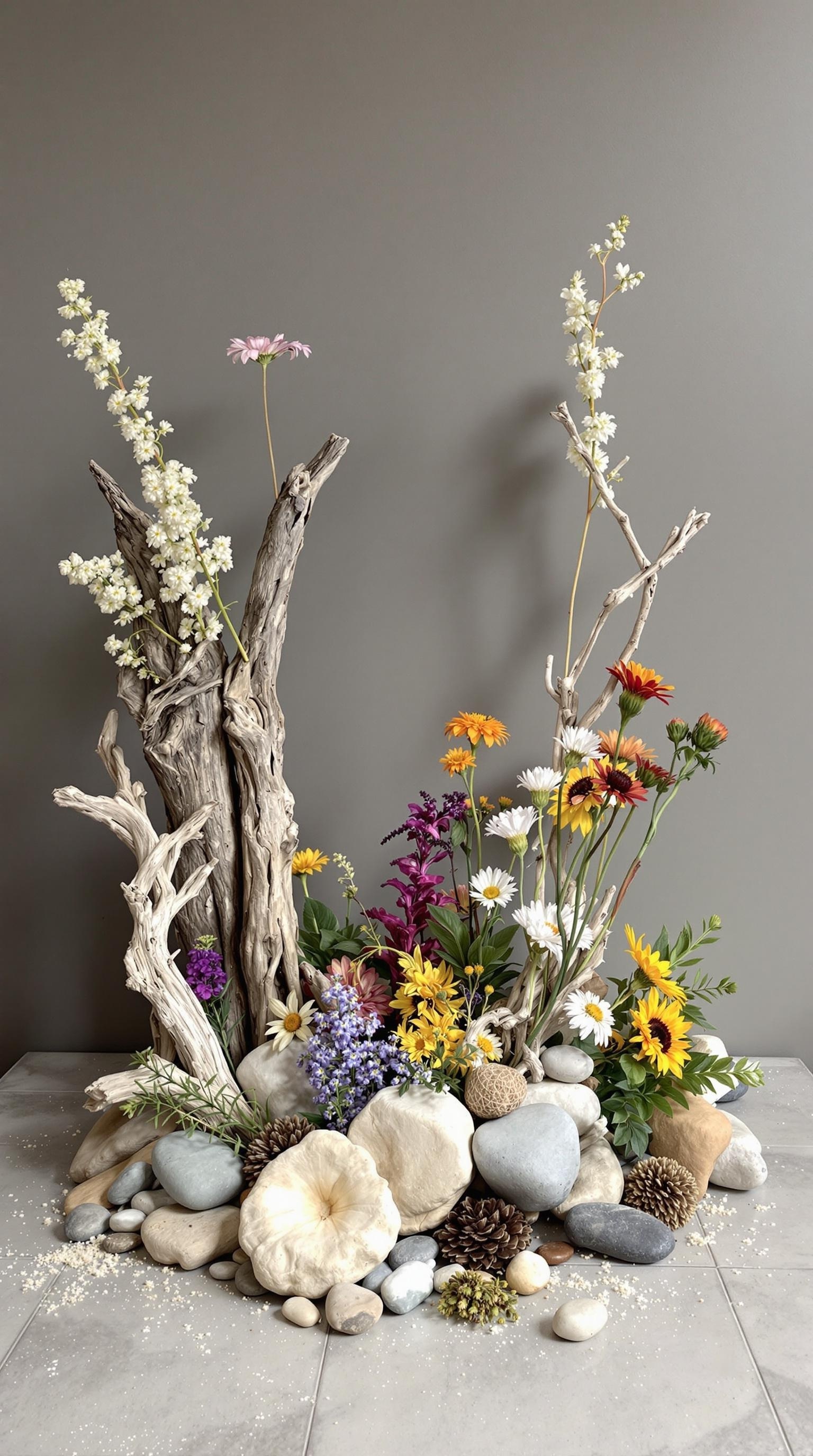 A boho chic wedding centerpiece featuring driftwood, colorful flowers, and smooth stones.