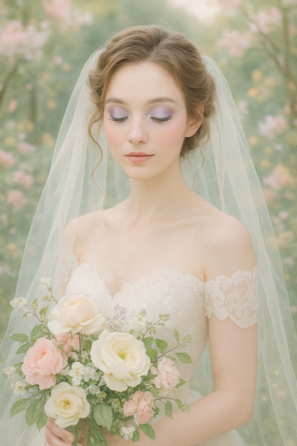 A bride with pastel eye makeup and a bouquet of flowers.