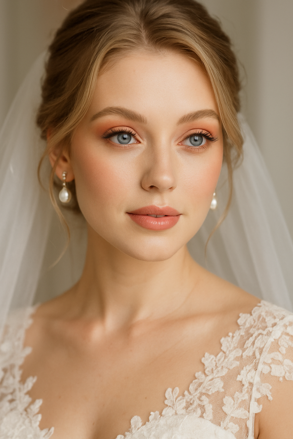 A bride with peachy makeup and blue eyes, wearing a veil and earrings.