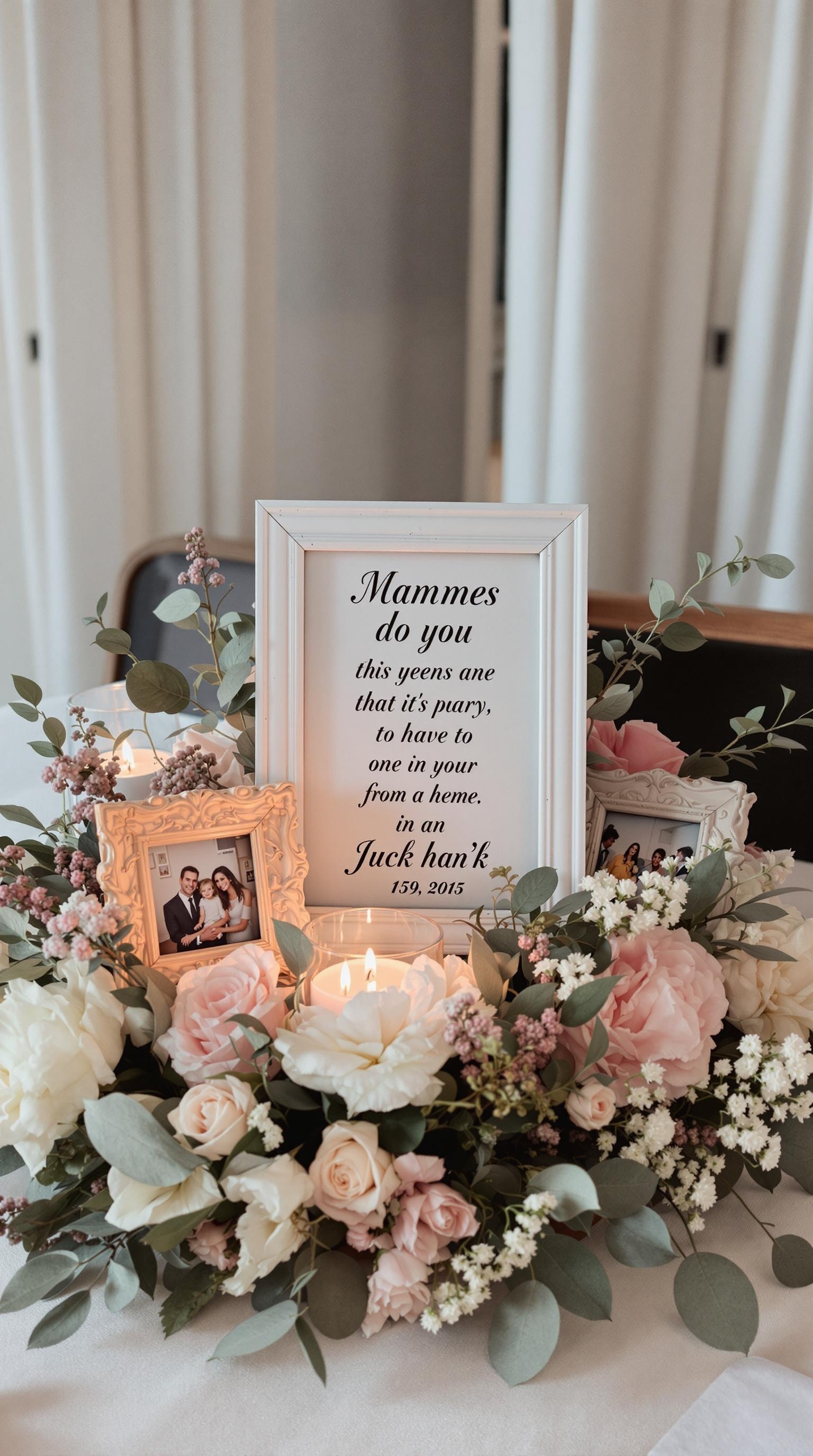 A boho chic wedding centerpiece with flowers, candles, and personalized photo displays.