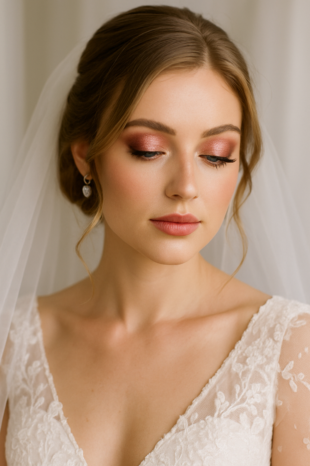 Bride with rose gold eyeshadow and soft makeup