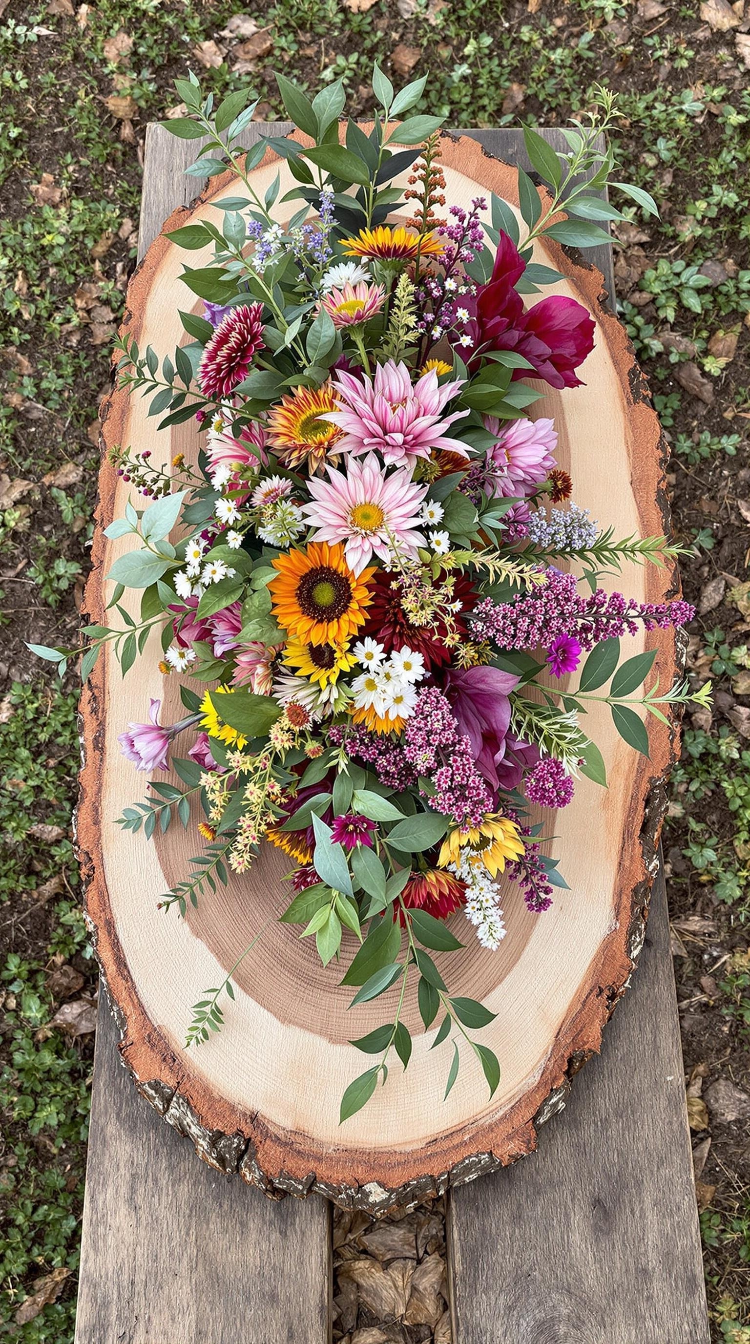 Colorful flower arrangement on a rustic wood slab centerpiece