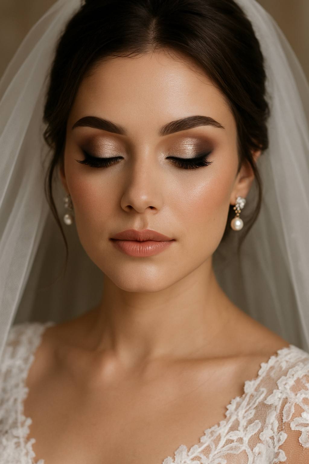 Bride with soft smoky eye makeup and champagne highlights