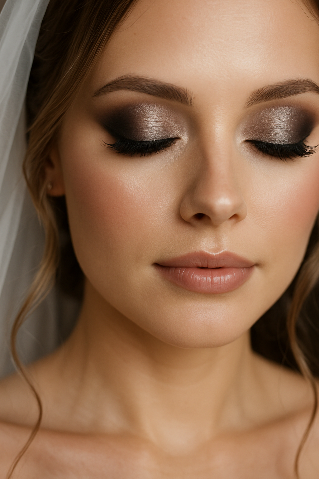 Bridal makeup featuring a soft smoky eye and natural lip color