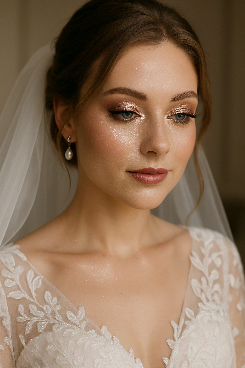 A bride with blue eyes showcasing subtle glitter makeup, featuring soft shimmer on her eyelids and natural lip color.