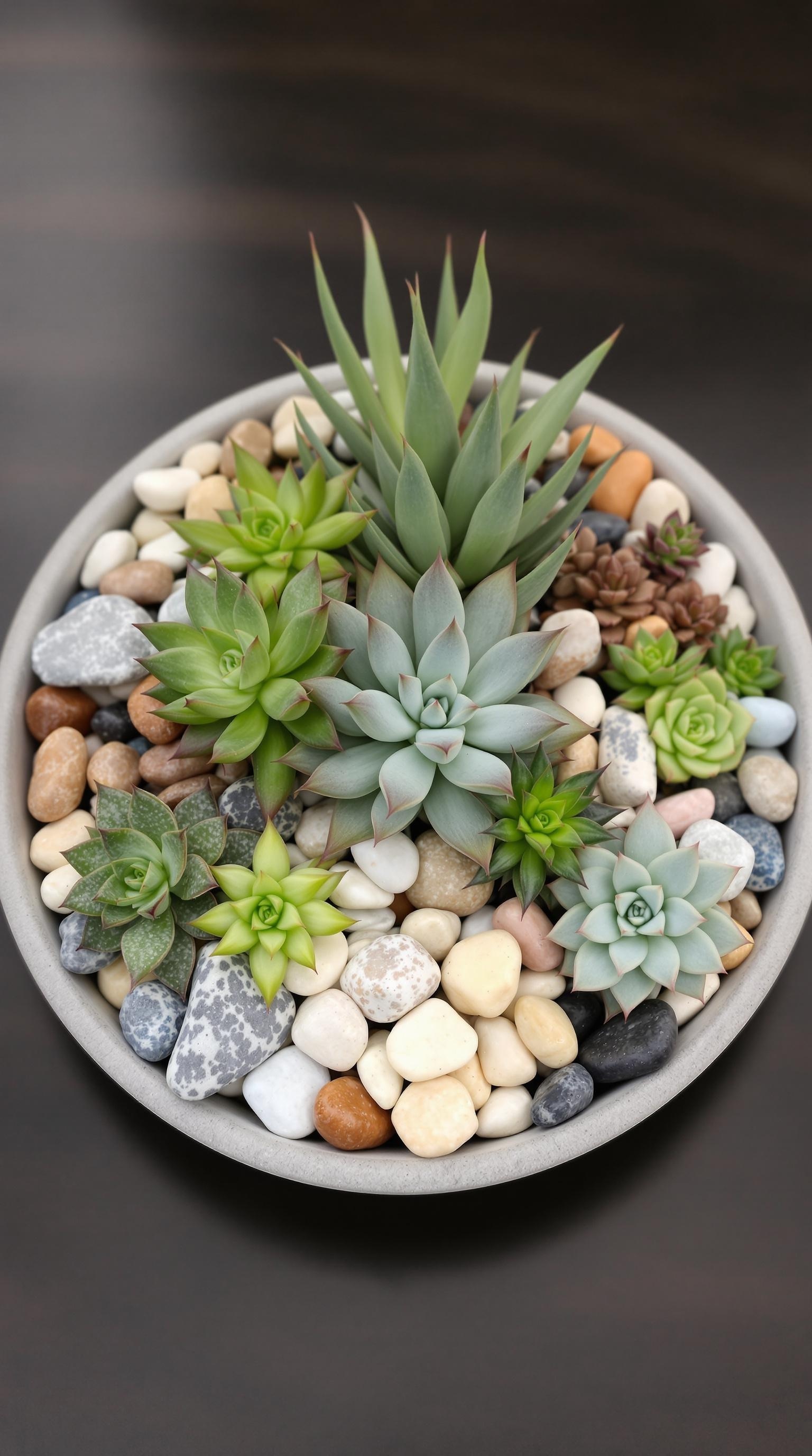 A beautiful arrangement of succulents and stones in a round pot.