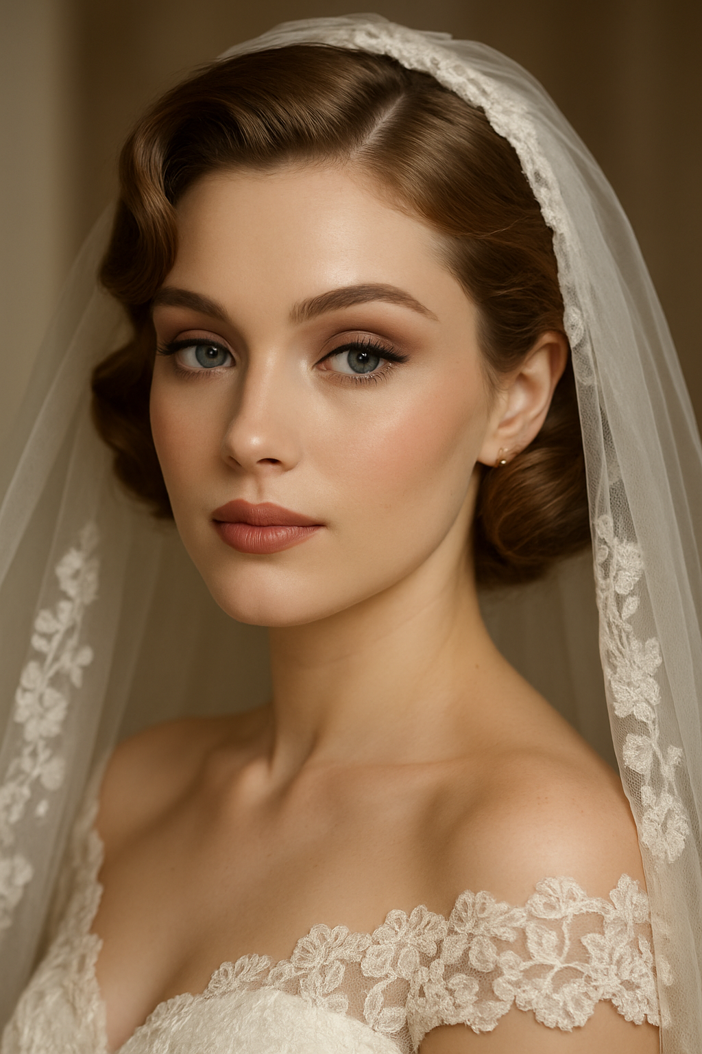 Bride with vintage-inspired makeup, soft neutrals, and blue eyes.