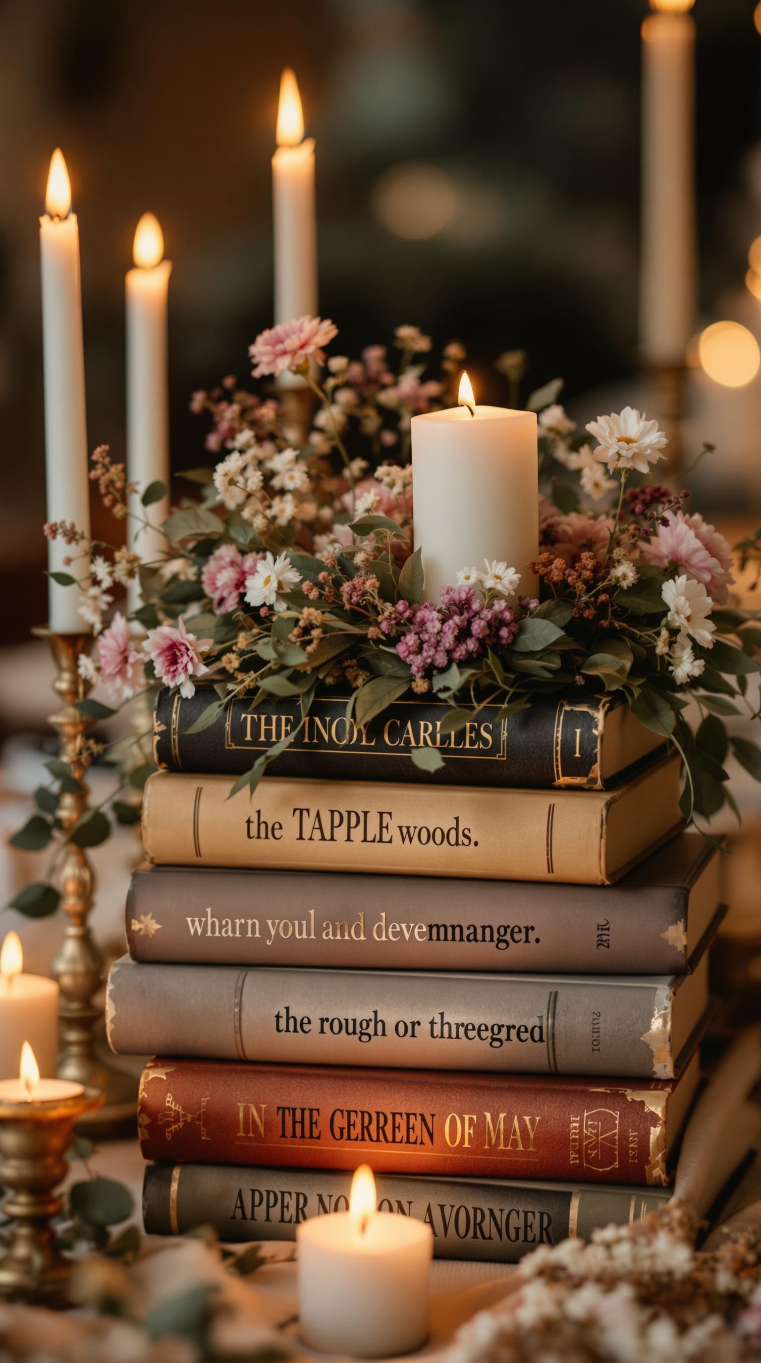 A beautiful wedding centerpiece featuring vintage books, candles, and flowers.