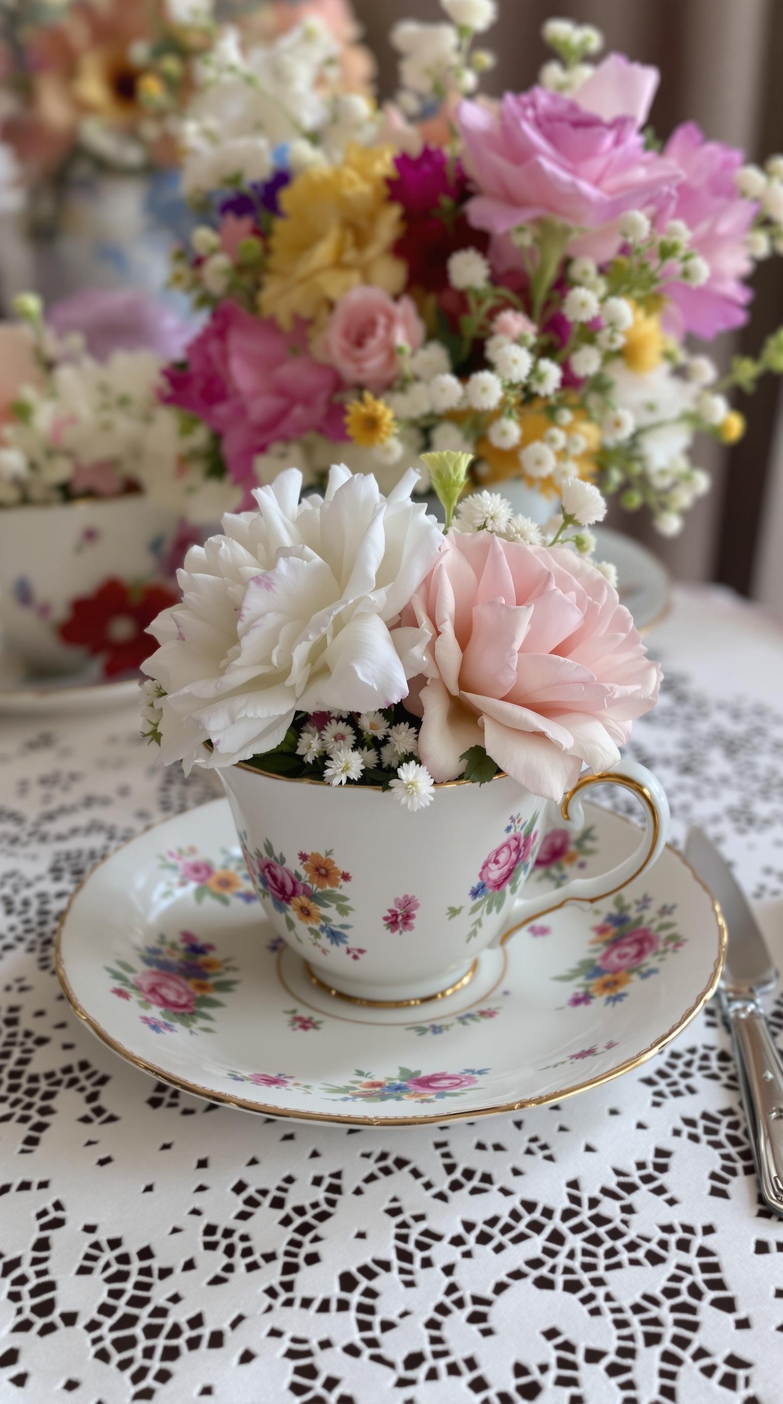 A vintage teacup filled with pink and white roses on a lace tablecloth.
