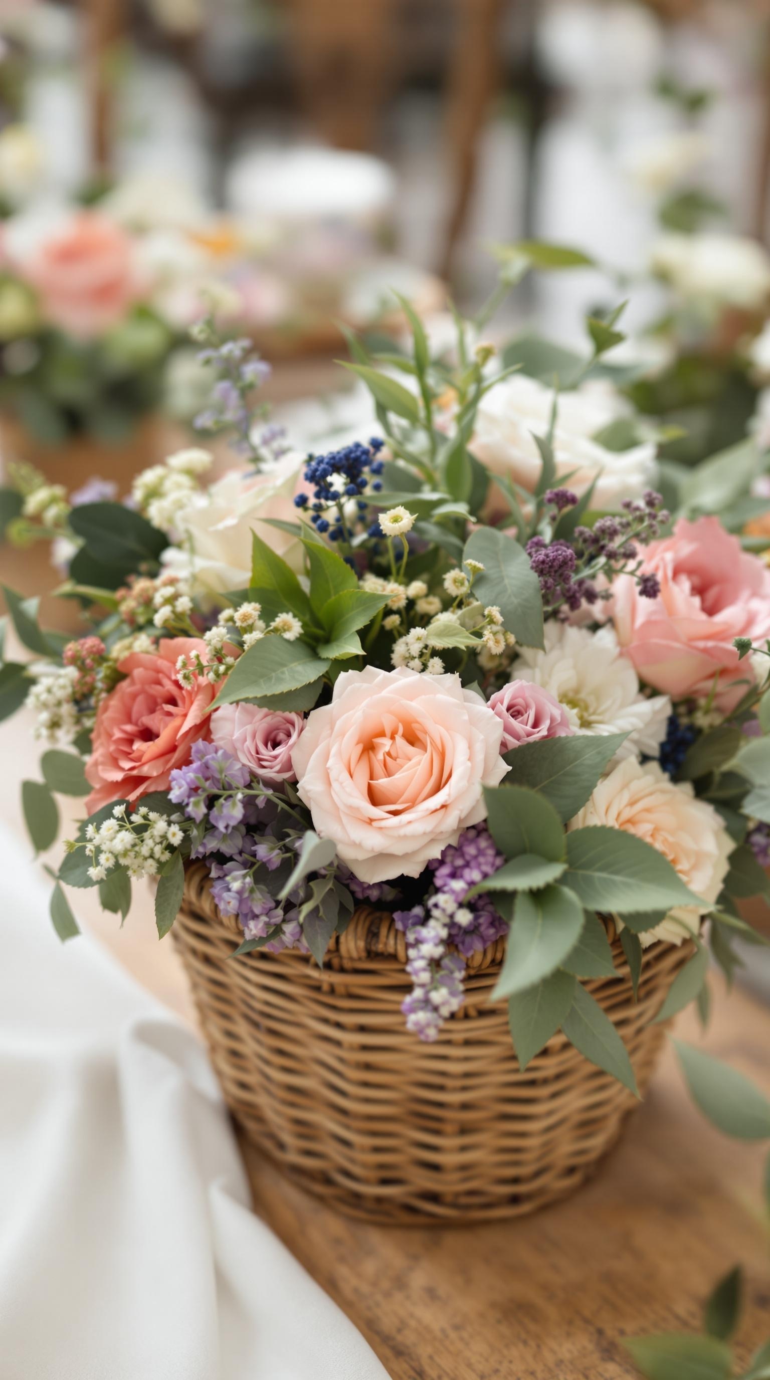 A woven basket filled with various flowers, including pink roses and purple blooms, on a wooden table.