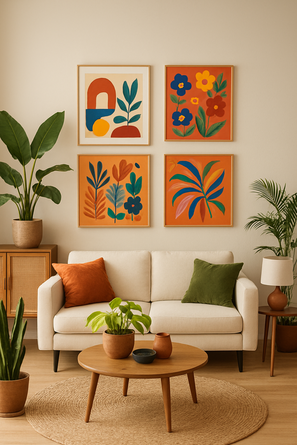 A cozy living room with cream-colored walls, colorful artwork, and modern furniture.