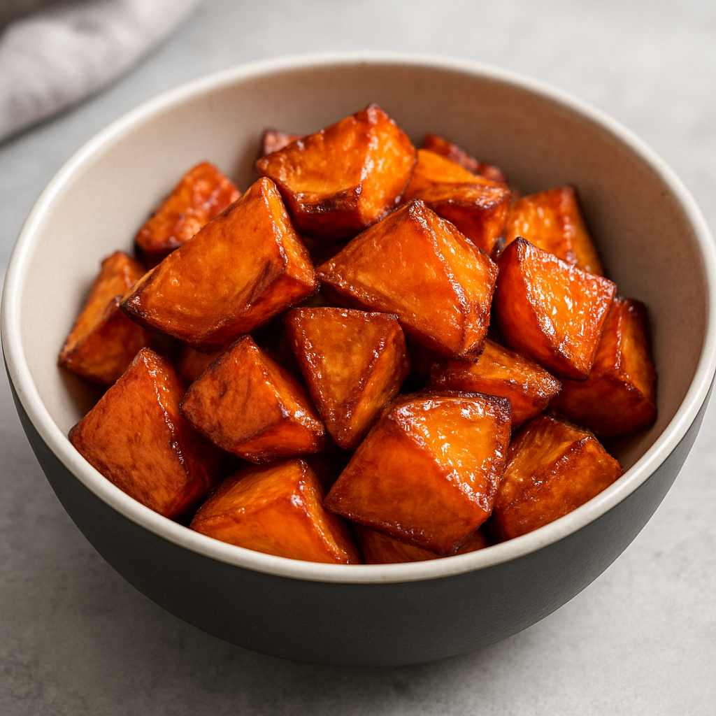 A bowl of golden-brown candied sweet potatoes, glistening with a caramelized glaze.