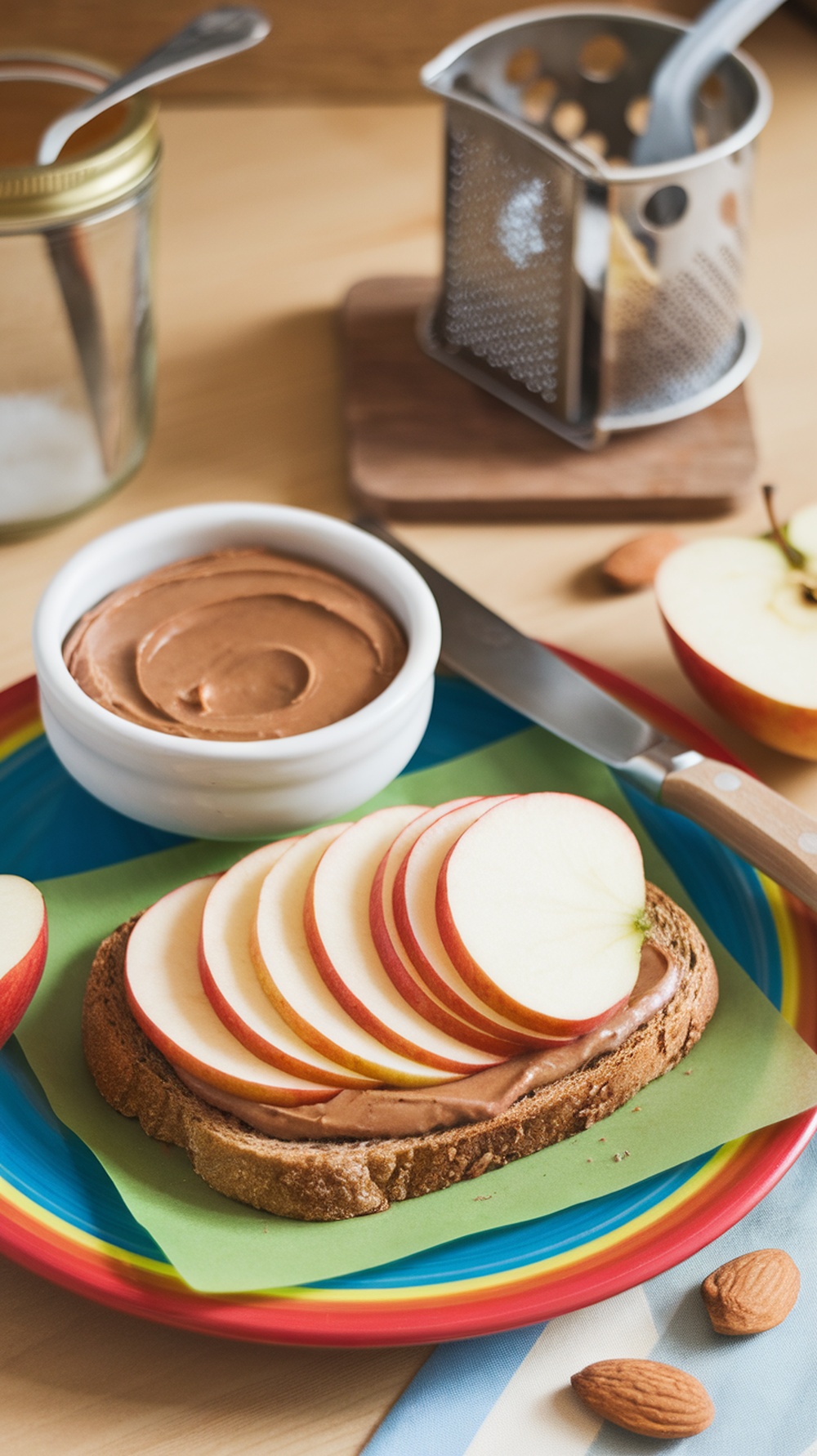 A colorful plate with a slice of bread topped with almond butter and apple slices, surrounded by almonds and a jar of almond butter.