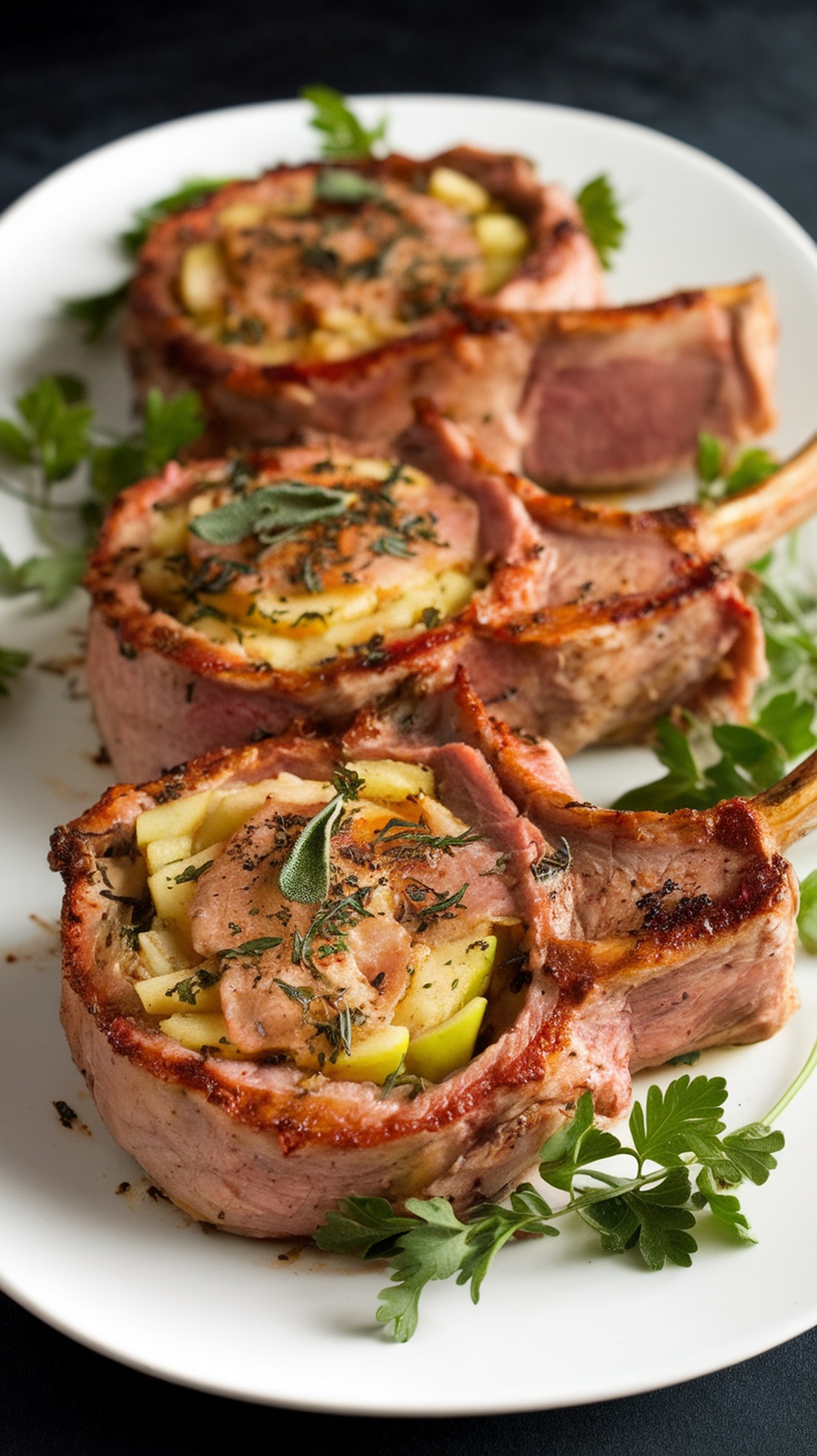 Three apple and sage stuffed pork chops on a white plate, garnished with fresh herbs.