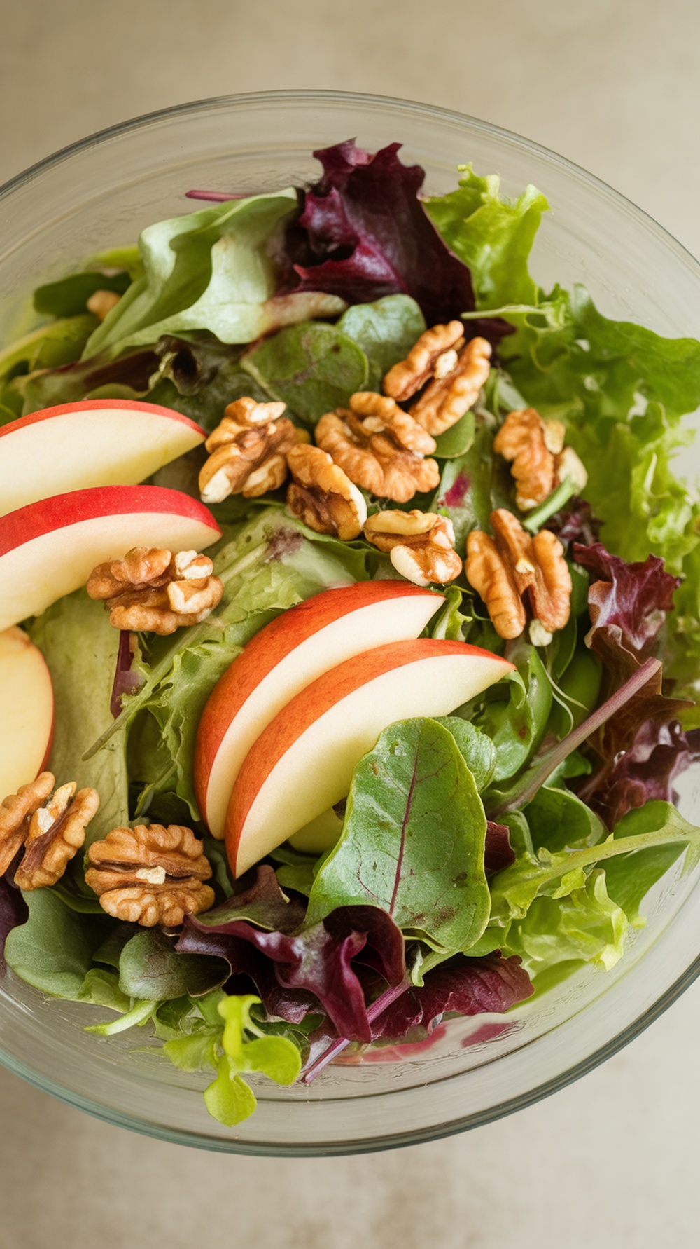 A fresh salad featuring greens, sliced apples, and walnuts in a glass bowl.