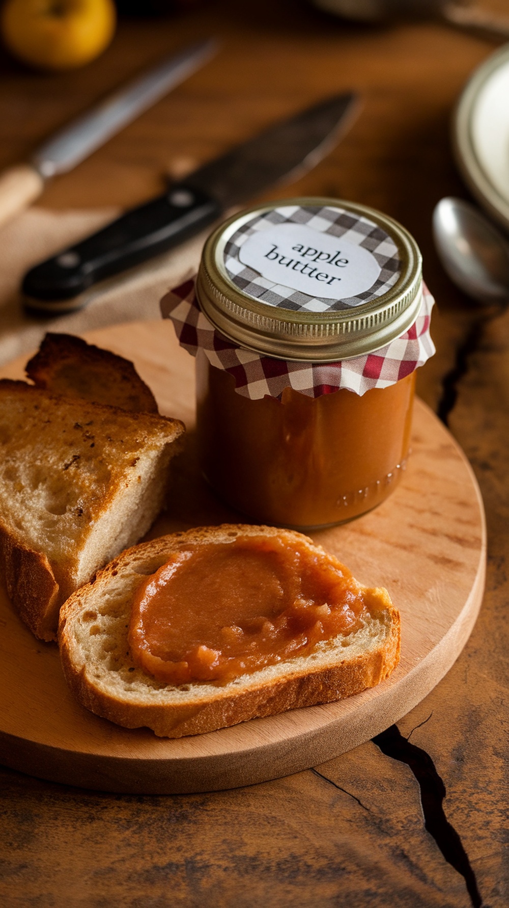 A jar of apple butter next to a slice of toast with apple butter spread on it, set on a wooden board.