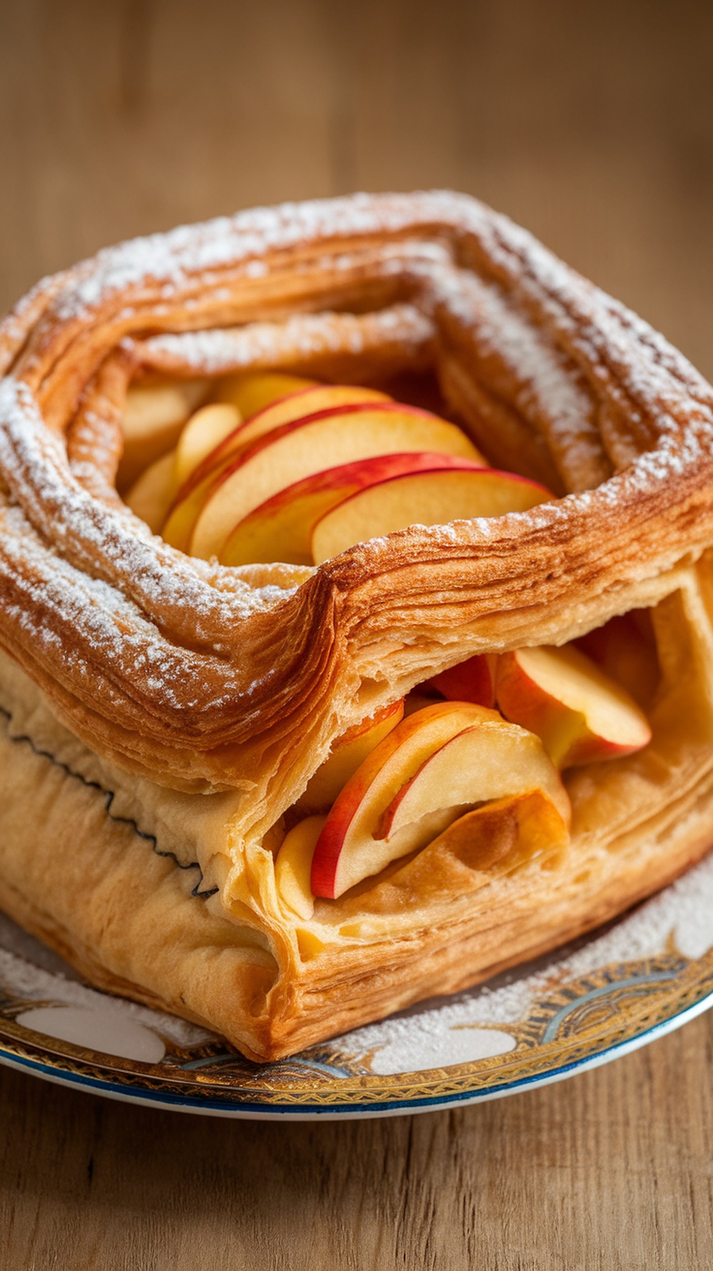 A delicious apple cinnamon puff pastry with sliced apples inside, dusted with powdered sugar.