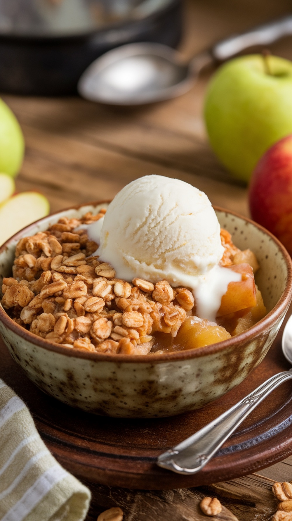 A bowl of apple crisp topped with oats and ice cream, surrounded by fresh apples.