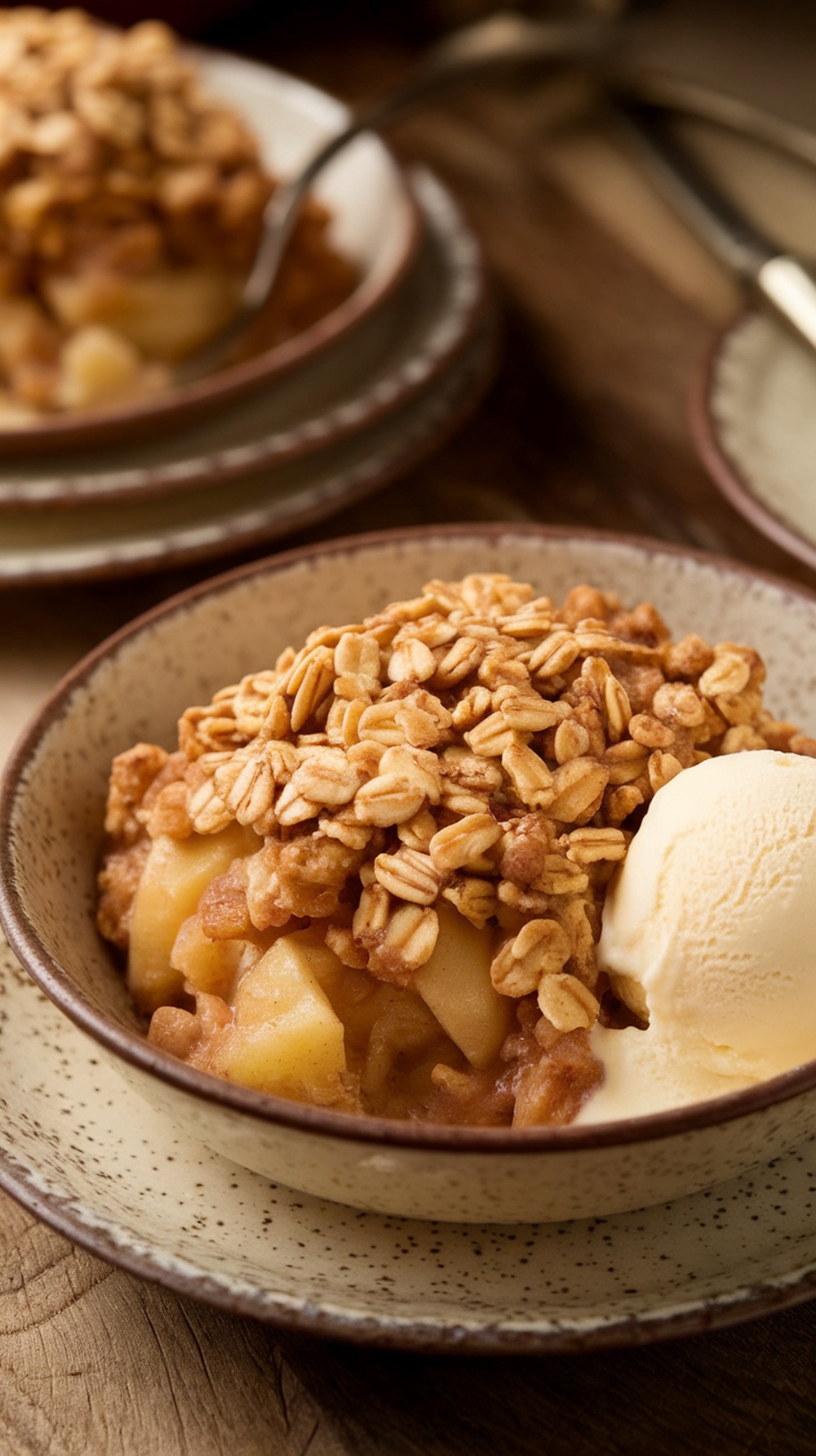 A bowl of apple crisp with oat topping and a scoop of vanilla ice cream