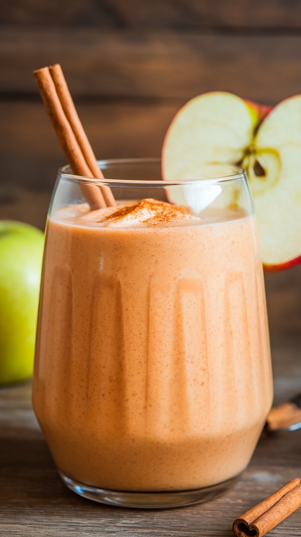 A creamy apple pie smoothie in a glass, garnished with cinnamon sticks and a slice of apple.