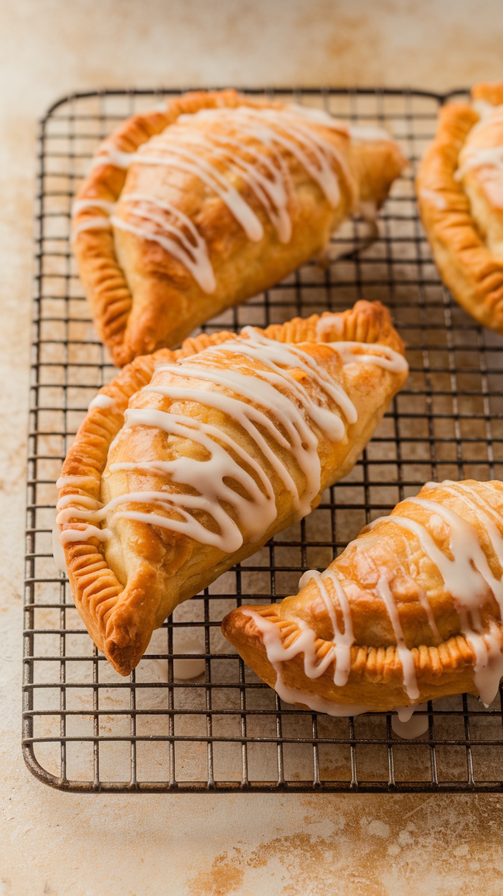 Freshly baked apple turnovers drizzled with glaze on a cooling rack.