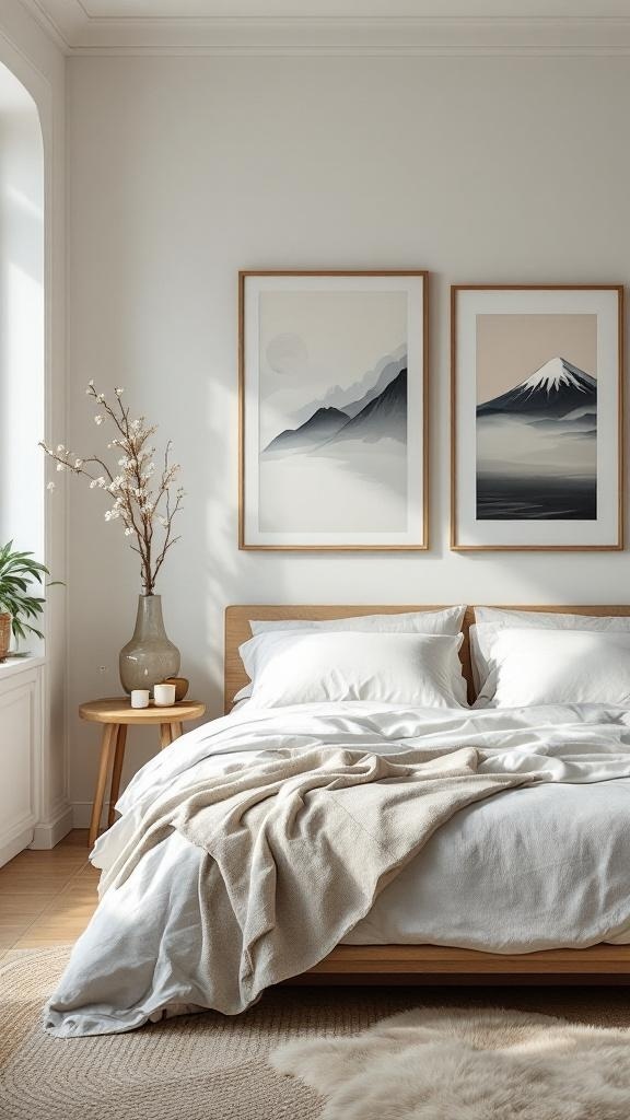 A minimalist bedroom featuring a wooden bed with white linens, framed mountain artwork, and a side table with a vase.