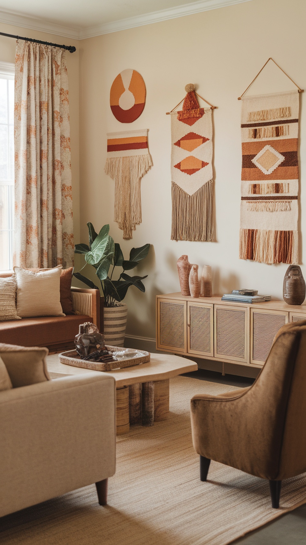 A cozy living room featuring artisan wall hangings in warm earth tones, with a plant and stylish furniture.