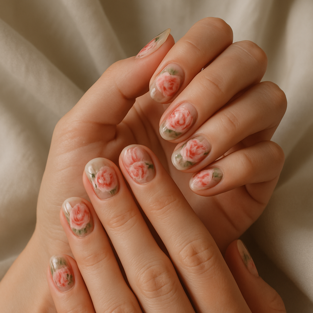 Close-up of human hands with floral fingernail designs featuring peonies in soft pink and green colors.