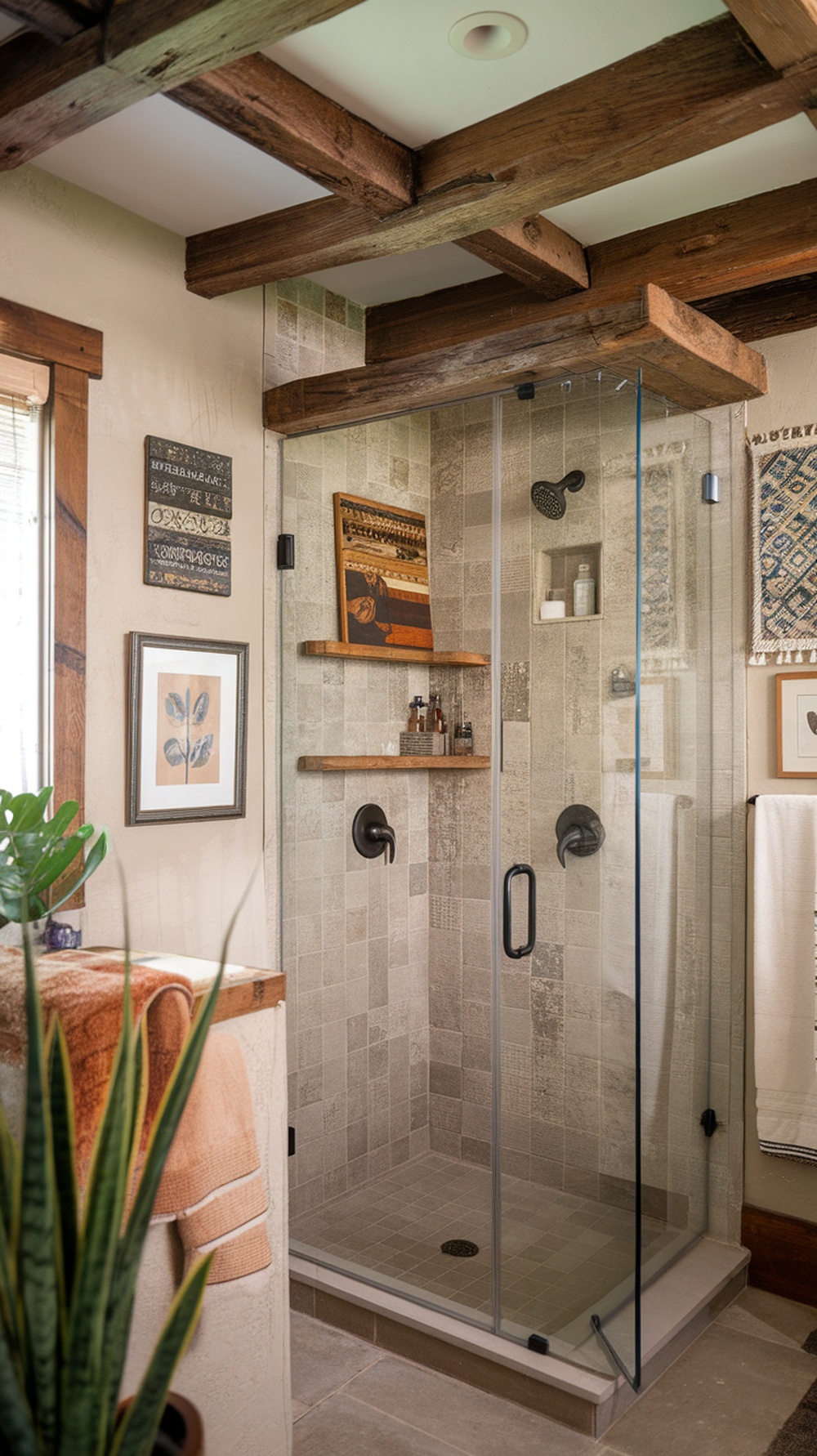 A stylish bathroom with wooden beams, artistic wall decor, and a glass shower.