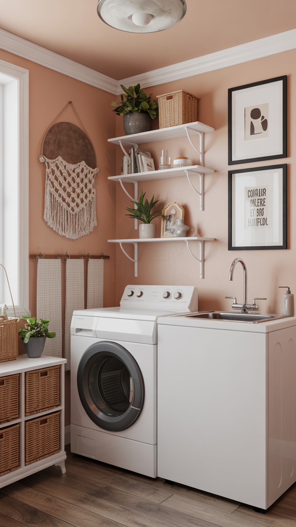 A stylish laundry room with peach walls, macramé wall hanging, and decorative shelves.