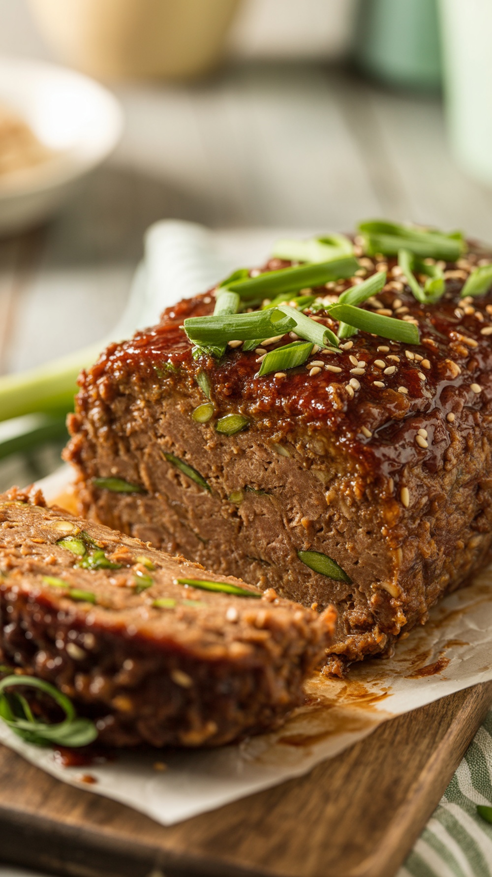 Asian-inspired meatloaf topped with sesame seeds and green onions, sliced and served on a plate.