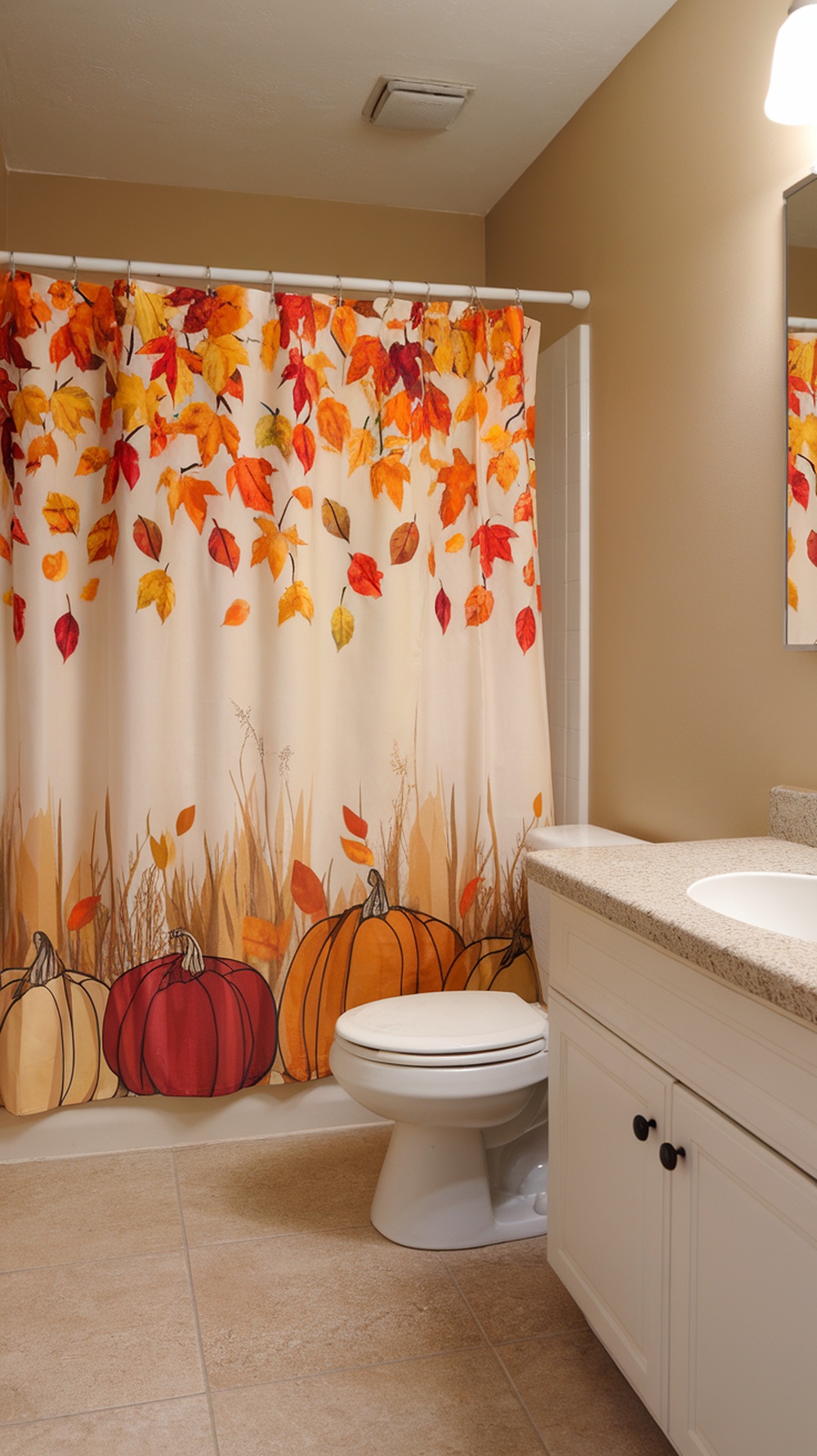 Autumn-inspired shower curtain with colorful leaves and pumpkins in a bathroom setting.