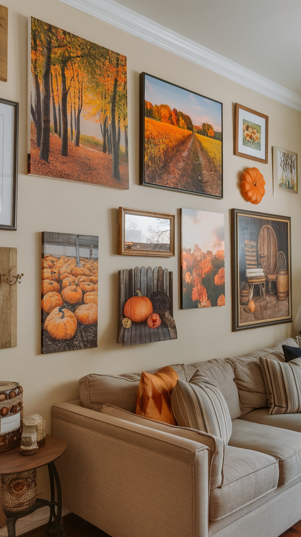 A cozy living room wall decorated with autumn-themed art, featuring pumpkins and colorful fall landscapes.