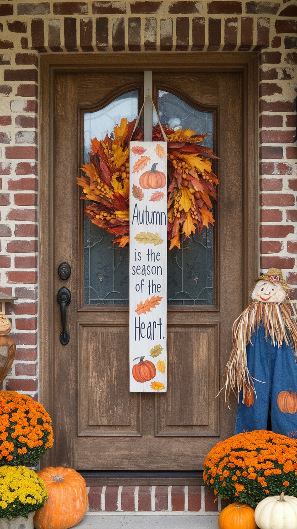 A front door decorated with an autumn-themed sign, colorful wreath, pumpkins, and flowers.