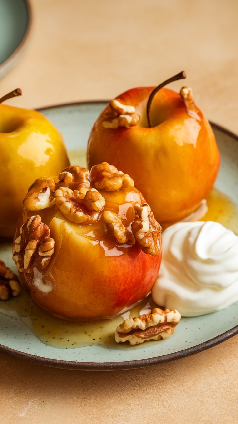 Baked apples topped with walnuts and honey on a plate
